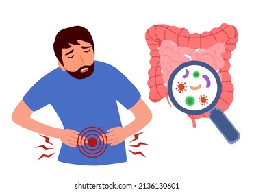 Man Having Stomachache Campylobacter Infection. Bacteria In Intestine In Flat Design. Food Poisoning. Diarrhea Or Digestive System Problem.