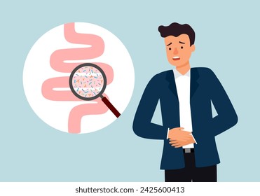 Man having stomachache campylobacter infection. Bacteria in intestine in flat design. Food poisoning. Diarrhea or digestive system problem.