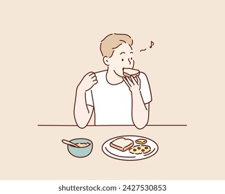 man having tasty breakfast. Hand drawn style vector design illustrations.