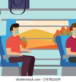 A man having trip by train while keep using medical mask