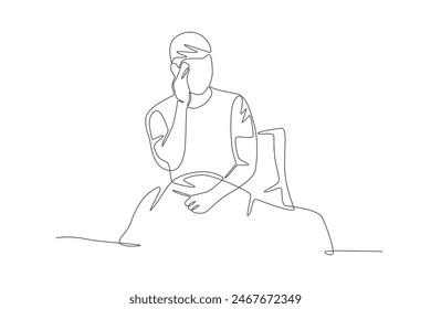 Man having trouble sleeping rubs head. Struggling to sleep concept one-line drawing