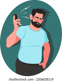 A man is having an unpleasant conversation on the phone. The guy hears shouting from the speaker of his smartphone. Stock vector illustration