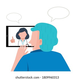 A man having video call with consults psychologist by digital tablet. Concept of virtual mental health at home.
