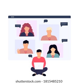 Man having a video call with coworker, remote working online from home. Group web Conference Screen