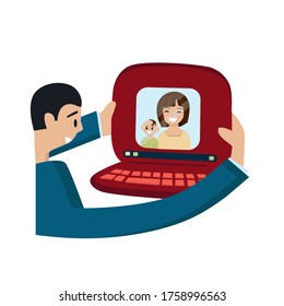 A man having a video call with his family. Vector illustration. Flat style.