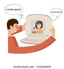 A man having a video call with his family. Vector illustration. Flat style. You can add your text in speaking bubbles.