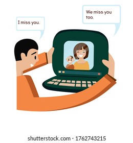 A man having a video call with his family. Vector illustration. Flat style. There is speaking bubble on the picture.