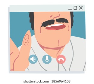 Man Having Video Call, Mustached Man Chatting Online, Working from Home, Social Distancing Concept Vector Illustration