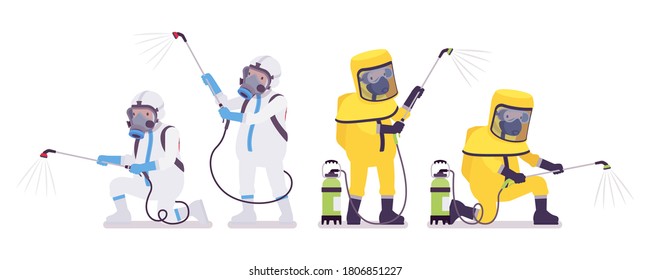 Man in hazmat clothing, disposable coverall with manual pump sprayer. Workers in level A, C suit, chemical resistant gloves, hooded apparel, breathing apparatus. Vector flat style cartoon illustration