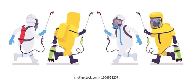Man in hazmat clothing and disposable coverall running with sprayer. Workers in level A, C suit, chemical resistant gloves, hooded apparel, breathing apparatus. Vector flat style cartoon illustration