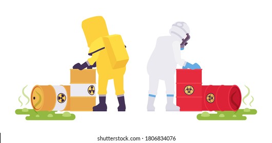 Man in hazmat disposable coverall in biohazard waste accident. Workers in level A, C suit, chemical resistant gloves, hooded apparel, breathing apparatus. Vector flat style cartoon illustration