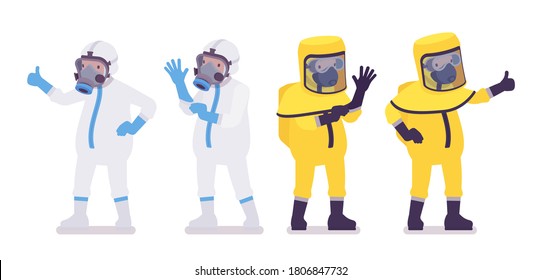 Man in hazmat protective clothing, gloves and disposable coverall. Workers in level A, C suit, chemical resistant gloves, hooded apparel, breathing apparatus. Vector flat style cartoon illustration