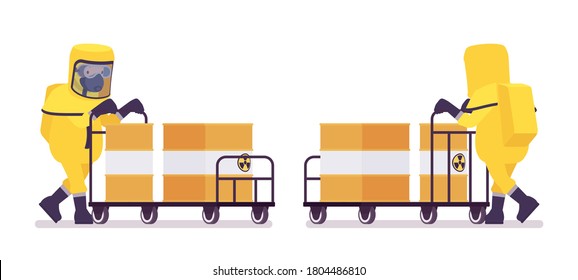 Man in hazmat protective clothing pushing trolley with radioactive barrel. Worker in level A suit, coverall, chemical resistant gloves, breathing apparatus. Vector flat style cartoon illustration