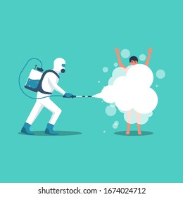 Man in hazmat and protective suit disinfects an infected person from coronavirus 2019-ncov. Vector illustration flat design. Cleansing the body of dirt. Spraying a soapy solution. Shower daily.