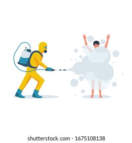 Man in hazmat and protective suit disinfects an infected person from coronavirus 2019-ncov. Vector illustration flat design. Cleansing the body of dirt. Spraying a soapy solution. Shower daily.