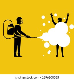 Man in hazmat and protective suit disinfects an infected person from coronavirus 2019-ncov. Vector illustration flat design. Cleansing the body of dirt. Spraying a soapy solution. Shower daily.