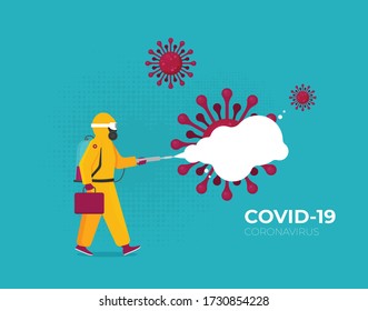 Man in hazmat. Protective suit, gas mask and gas cylinder for disinfection coronavirus. Flat vector