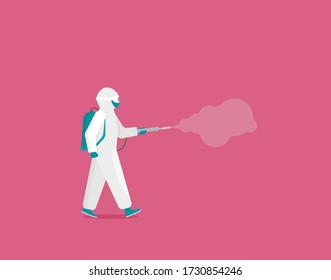 Man in hazmat. Protective suit, gas mask and gas cylinder for disinfection coronavirus. Flat vector