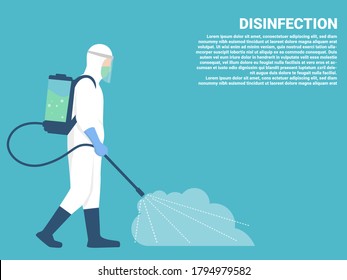 Man in hazmat. Protective suit, gas mask and gas cylinder for disinfection coronavirus. Toxic and chemicals protection. Spraying pesticides. Biological precaution. Vector flat illustration.