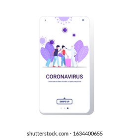 man in hazmat suit checking airport passengers temperature spreading coronavirus infection epidemic MERS-CoV virus wuhan 2019-nCoV pandemic health risk concept full length mobile app copy space vector