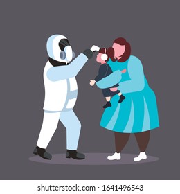 man in hazmat suit checking temperature of daughter with mother spreading coronavirus infection epidemic MERS-CoV virus wuhan 2019-nCoV pandemic health risk concept full length vector illustration