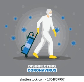 Man in hazmat suit cleaning and disinfecting coronavirus cells. Disinfection Mers-CoV, 2019-nCoV, COVID-19 viruses. Protection concept from pandemic and epidemic or any health risk. Disinfecting bacte