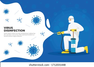 Man in hazmat suit cleaning and disinfecting coronavirus cells. Disinfection Mers-CoV, 2019-nCoV, COVID-19 viruses. Protection concept from pandemic and epidemic or any health risk. Disinfecting bacte