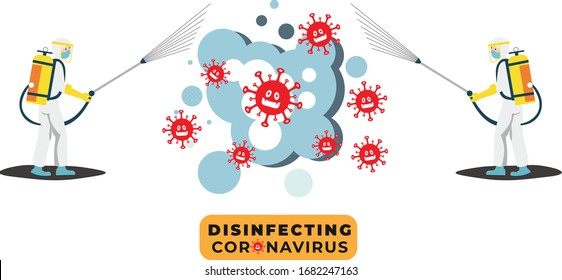 Man in Hazmat suit and disinfecting coronavirus cells epidemic mers-CoV virus disinfect protection.  Corona virus pandemic health risk.