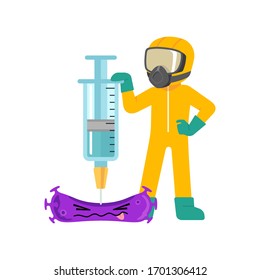 Man in hazmat suit holding Vaccine syringe kills coronavirus,  scientist in gas mask fights covid-19