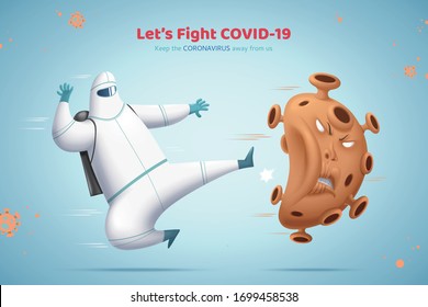 Man in hazmat suit kicking the bad virus away, Fight against COVID-19 concept illustration