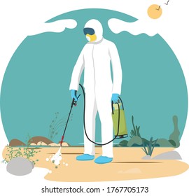 Man in a hazmat suit and mask to prevent epidemic, Covid-19, Coronavirus Disease. Pandemic health risk. Spraying outdoor to sanitize and Disinfect Virus. Corona characters. Flat Vector illustration