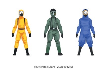 Man In Hazmat Suit As Personal Protective Equipment With Impermeable Garment Vector Set