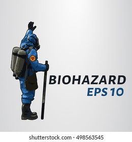 The man in the hazmat suit raises his hand. Vector illustration
