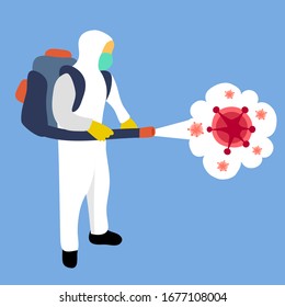 A man in hazmat suit spraying and disinfecting covid-19 Coronavirus cells epidemic. Virus disinfection prevention concept vector illustration. Cleaning germs, virus and bacteria in flat design.