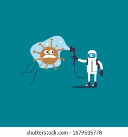 A man in hazmat suit spraying and disinfecting the Corona virus cells epidemic. Virus disinfection prevention concept vector illustration. Cleaning germs, virus and bacteria in flat