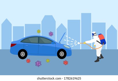 A man in hazmat suit spraying and disinfecting car from covid19 Coronavirus cells epidemic outbreak. Virus disinfection prevention vector illustration. Cleaning virus, bacteria and germs in city.