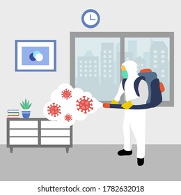 A man in hazmat suit spraying and disinfecting covid19 Coronavirus cells epidemic outbreak. Virus disinfection prevention vector illustration. Cleaning virus, bacteria and germs in the room.	