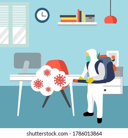 A man in hazmat suit spraying and disinfecting covid19 Coronavirus cells epidemic outbreak. Virus disinfection prevention vector illustration. Cleaning virus, bacteria and germs in the room.