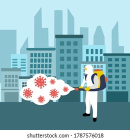 A man in hazmat suit spraying and disinfecting covid19 Coronavirus cells epidemic outbreak. Virus disinfection prevention concept vector illustration. Cleaning virus, bacteria and germs in city.