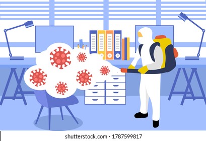 A Man In Hazmat Suit Spraying And Disinfecting Covid19 Coronavirus Cells Epidemic Outbreak. Virus Disinfection Prevention Vector Illustration. Cleaning Virus, Bacteria And Germs In The Office Room.