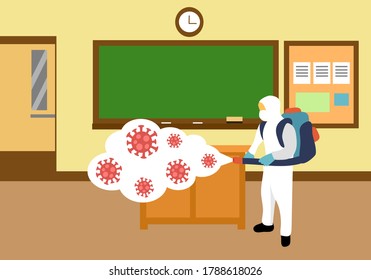 A man in hazmat suit spraying and disinfecting covid19 Coronavirus cells epidemic outbreak. Virus disinfection prevention vector illustration. Cleaning virus, bacteria and germs in the classroom.