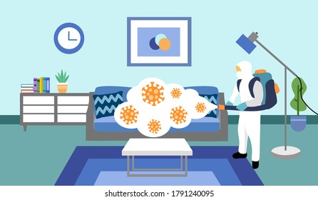 A man in hazmat suit spraying and disinfecting covid19 Coronavirus cells epidemic outbreak. Virus disinfection prevention vector illustration. Cleaning virus, bacteria and germs in the living room.