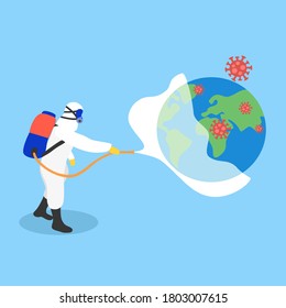 A man in hazmat suit spraying and disinfecting earth planet infected by Covid19 Coronavirus cells. Cleaning germs, virus and bacteria in flat design. 