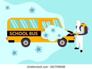 Man in hazmat suit spraying and disinfecting covid19 Coronavirus cells to clean school bus. Virus disinfection prevention illustration. Cleaning virus, bacteria and germs for students healthcare.