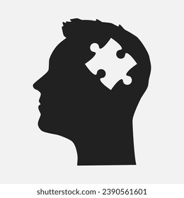 Man head with 1 piece puzzle, idea. Template infographic, diagram, process. One jigsaw puzzles for mind, strategy, education. Silhouette male face with solution. Think, thought, psychology