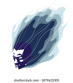 Man head with abstract fluids flying from it vector philosophical illustration, psychology insight and meditation theme, thinking and dreaming, mindfulness.
