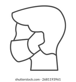 Man head with antibacterial mask thin line icon, safety workwear concept. Vector graphics. Boy face with disposable mask sign on white background, outline style icon for mobile or web design