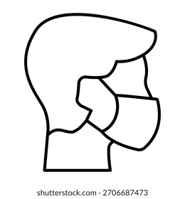 Man head with antibacterial mask thin line icon, safety workwear concept. Vector graphics. Boy face with disposable mask sign on white background, outline style icon for mobile or web design