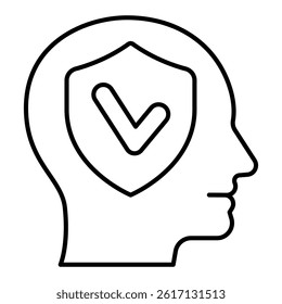 Man head and approval emblem thin line icon, mental health concept. Vector graphics. Human mind and shield, safety sign on white background, linear style for mobile or design
