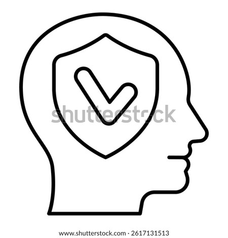 Man head and approval emblem thin line icon, mental health concept. Vector graphics. Human mind and shield, safety sign on white background, linear style for mobile or design